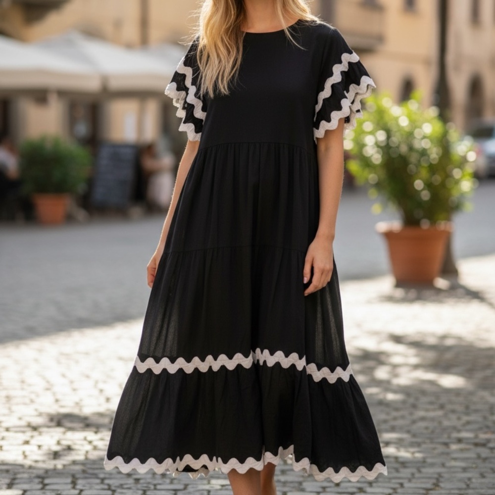 White Closet Elements Navy Women's Dress With Distinctive White ric-rac Trim.